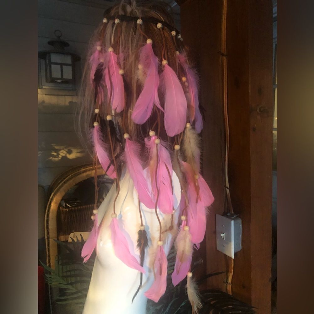 NWT handmade adjustable headband with feathers and beads and roping. Pink& black - Picture 2 of 8
